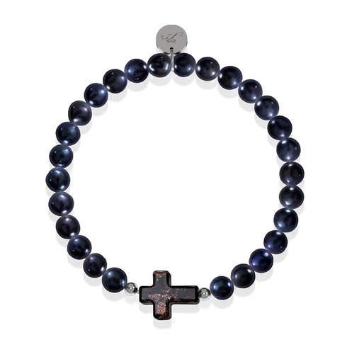 Jeanne d'Arc | 925er Sterlingsilber | Obsidian-Glühwürmchenglas x schwarzes Süßwasserperlen-Kreuzarmband